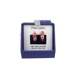 Pink Linen Gold Plated Red Enamel Floral Flower Hoop Pierced Earrings in Box